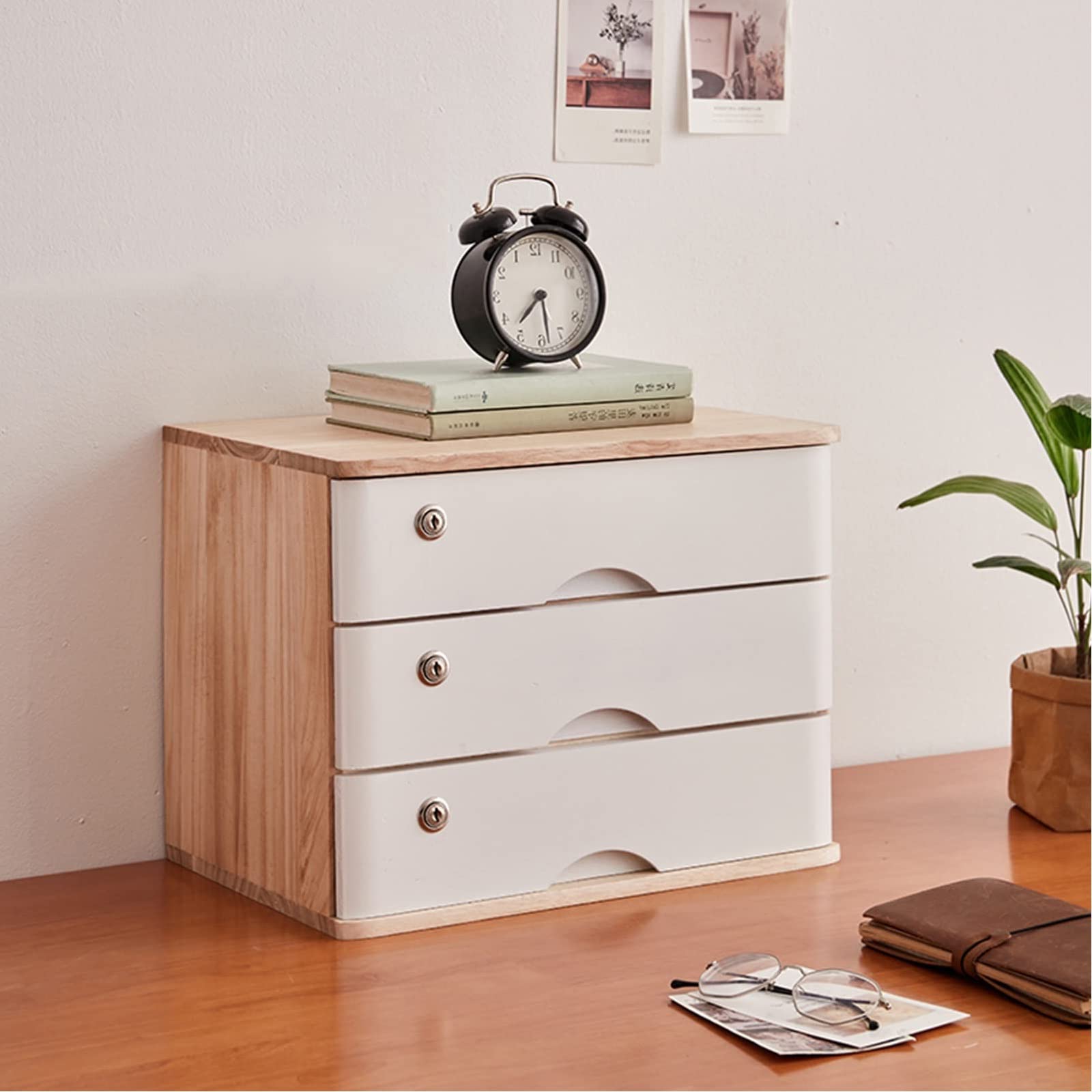 ASerZenith Lockable Wooden Desktop Storage Box - Compact File Cabinet For Home Office Nization Small Storage Cabinet For Files Supplies & Office Essentials,A-3 Drawer