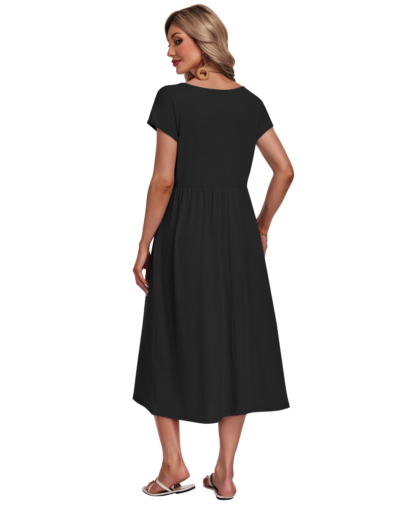 AUSELILY Vestito Estivo da Donna a Maniche Corte Abiti Casual Larghi Abito Midi con Scollo a Girocollo e Tasche