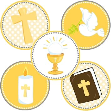 Yellow First Holy Communion Party Favor Stickers by Adore By Nat - Neutral Christening Baptism Labels - Set of 50
