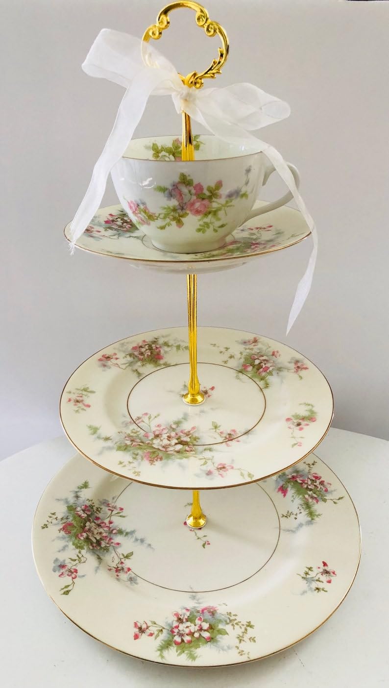 Soporte para Tarta de Boda, Bandeja de 3 Niveles, Plato con diseño de Flores, decoración para Mesa de postres, Boda Rosa (Bavaria MixMatched 1) ()