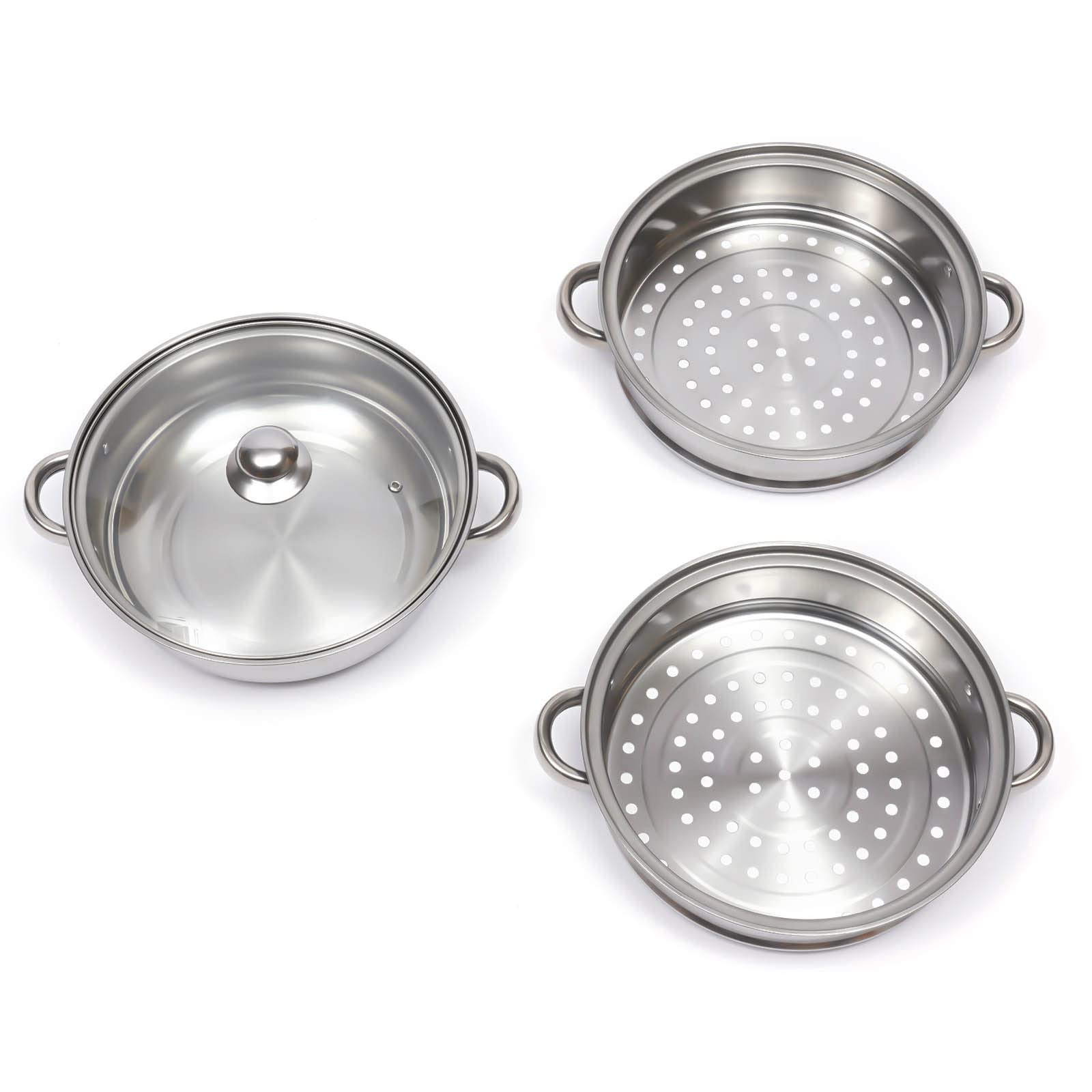 Set di pentole a vapore in acciaio inox a 3 ripiani, adatte a induzione, con coperchio in vetro e 3 strati, 28 cm, per verdure/carne/riso, fornello a vapore multifunzione