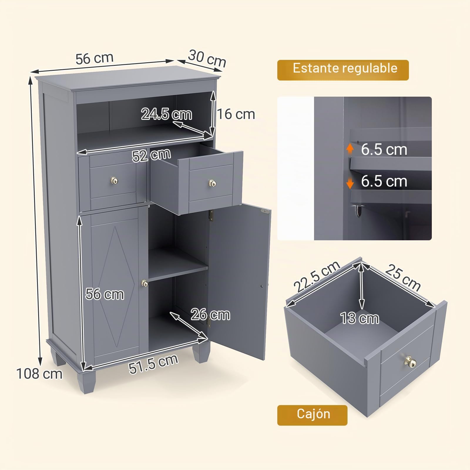 LIFEZEAL Mueble de baño para Ahorrar Espacio, Mueble de baño de Suelo, 56 x 30 x 108 cm, Moderno, con 2 cajones y 2 Puertas, Compartimento Abierto, Armario autoportante, Madera, para salón (Gris)