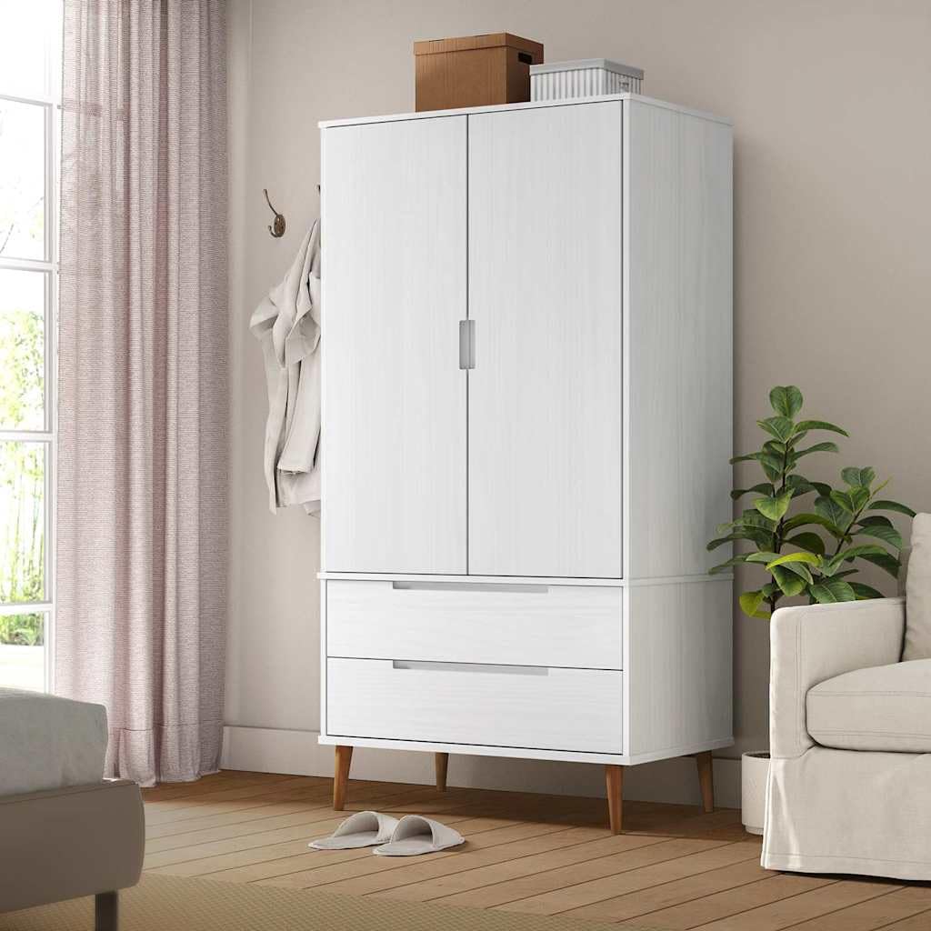 Armadio MOLDE bianco in legno di pino massiccio, 90 x 55 x 175 cm, con vernice UV, 2 cassetti, grande scomparto, guardaroba con asta appendiabiti per camera da letto, corridoio e spogliatoio