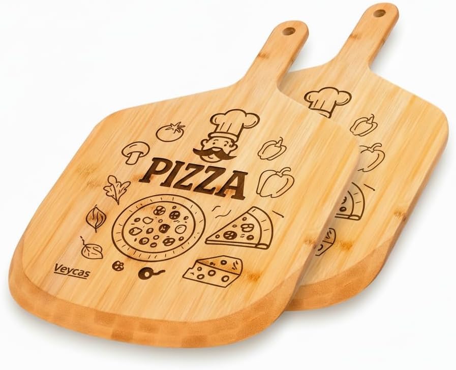 Bamboo Pizza Peel 12 Inch, Wooden Pizza Spatula, 2-Piece Set with Funny Chef Design, Lightweight and Durable Pizza Board, Ideal for Baking, Cooking, Serving Homemade Pizza in Oven.