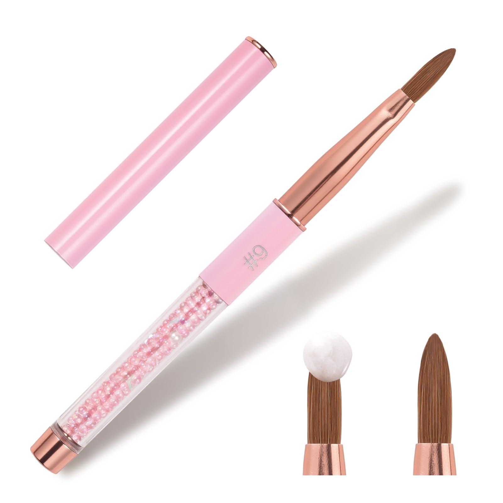 siyuwuro Acrylic Nail Brush Kolinsky Hair Bristles Oval Shaped Nail Art Brushes for Acrylic Application, Nail Extension and 3D Carving with Pink Bead