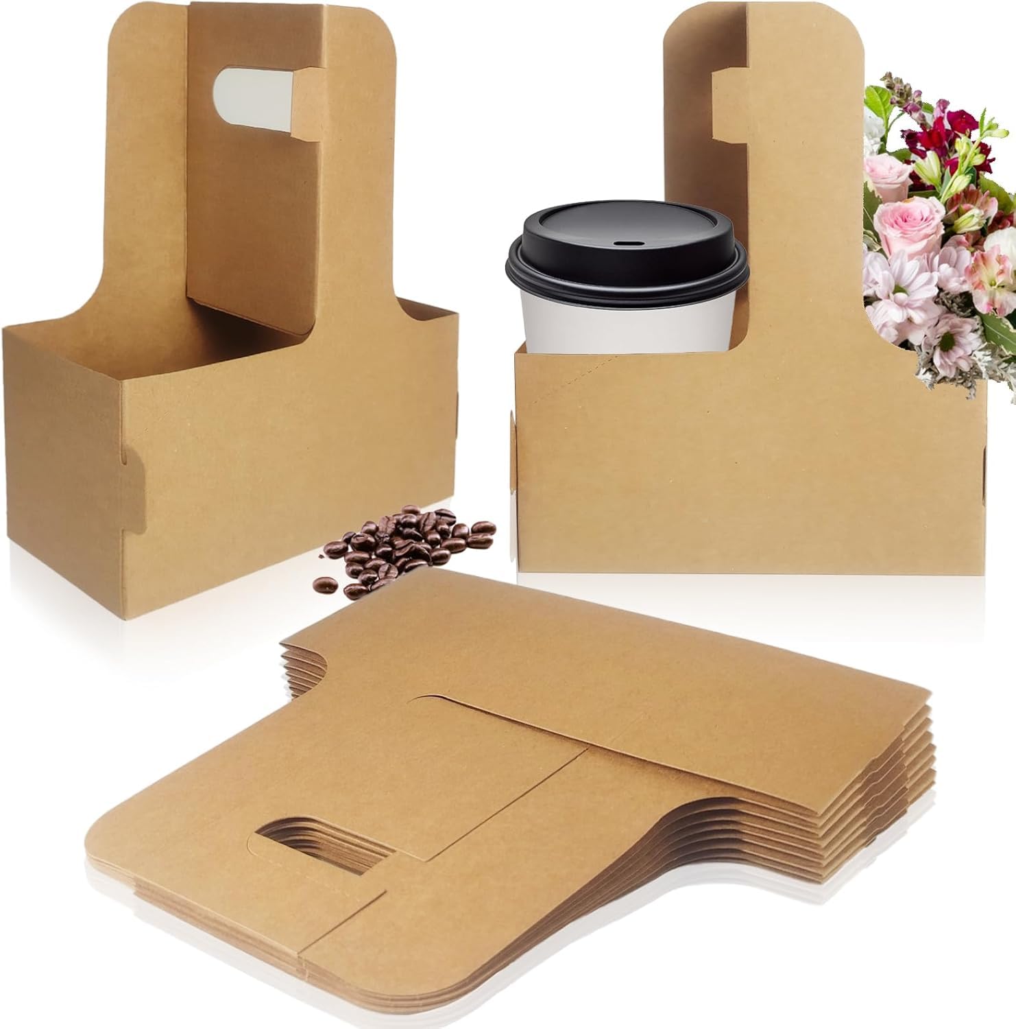 2 Cup Disposable Drink Carrier with Handle, Brown Cardboard Coffee Cup Holder, Cup Carriers for Drinks, Drink Carrier for Delivery, 10 Pcs