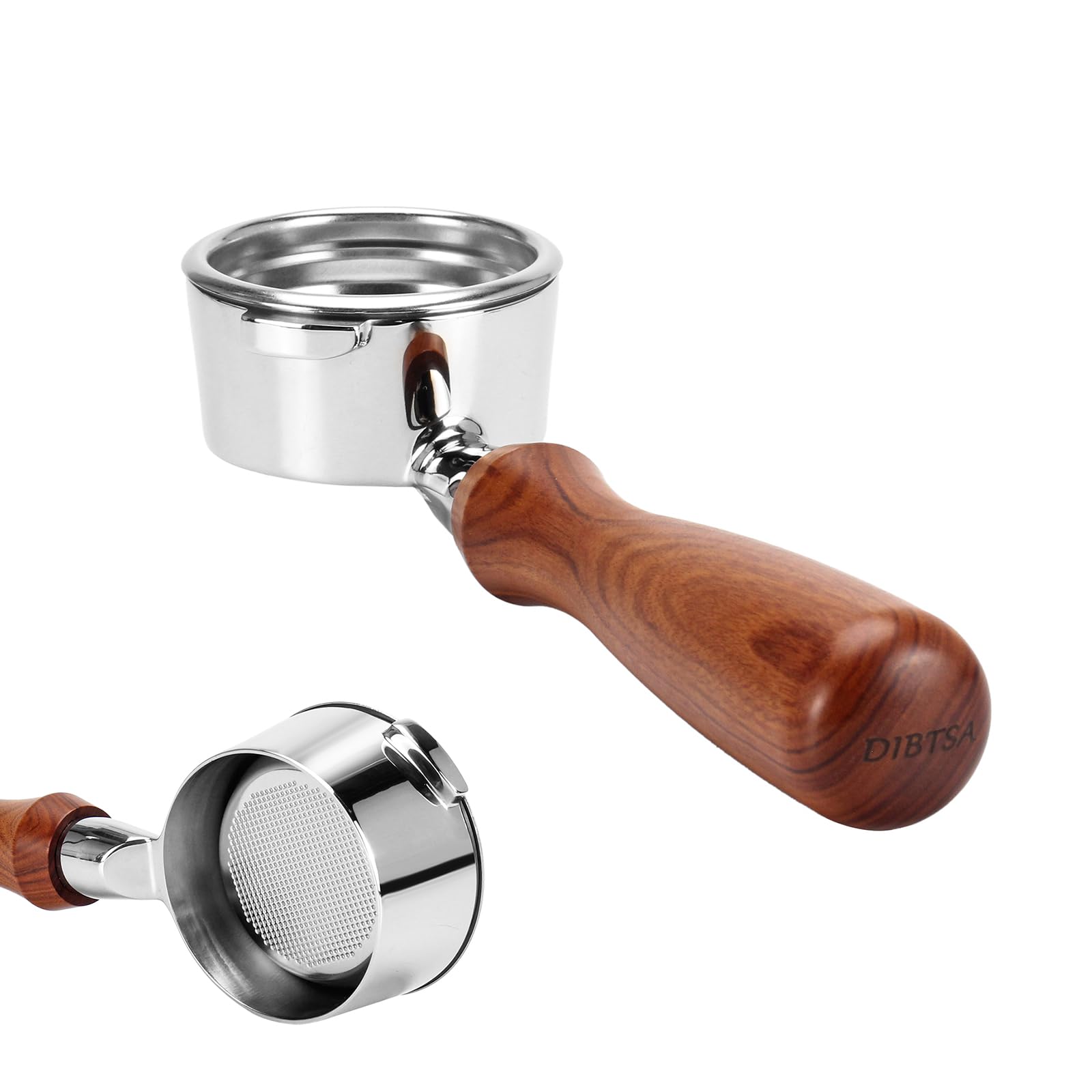DIBTSA Portafiltro sin fondo de 58 mm compatible con Gaggia, portafiltro de café de acero inoxidable 304 de 2 orejas con cesta de filtro reutilizable y mango de madera, piezas de repuesto para máquina