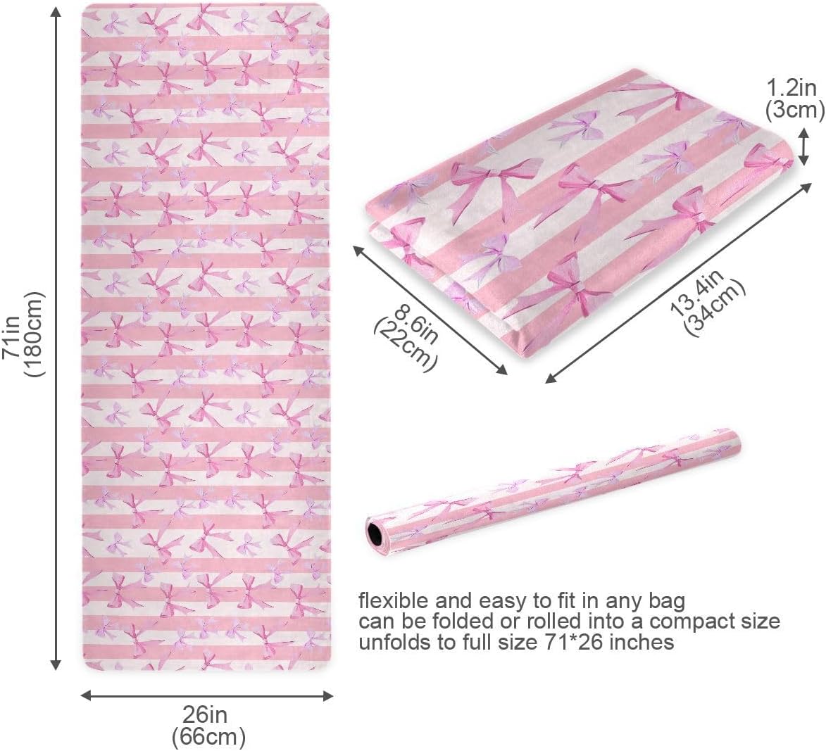 ALAZA Pink Bow Stripe Yoga Mat Non Slip Fitness Exercise Mat, Workout Mat for Yoga, Pilates and Floor Exercises