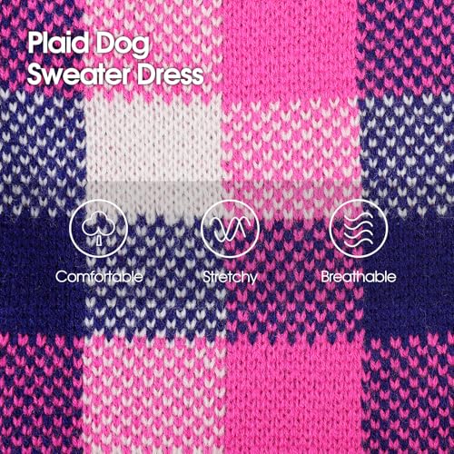 Image of Dog Sweater Dress Plaid Knitwear for Small Medium Dogs Warm Puppy Pet Turtleneck Stretch Pullover Cute Fall Winter Vest Clothes with Leash Hole for Christmas (Navy, XS)