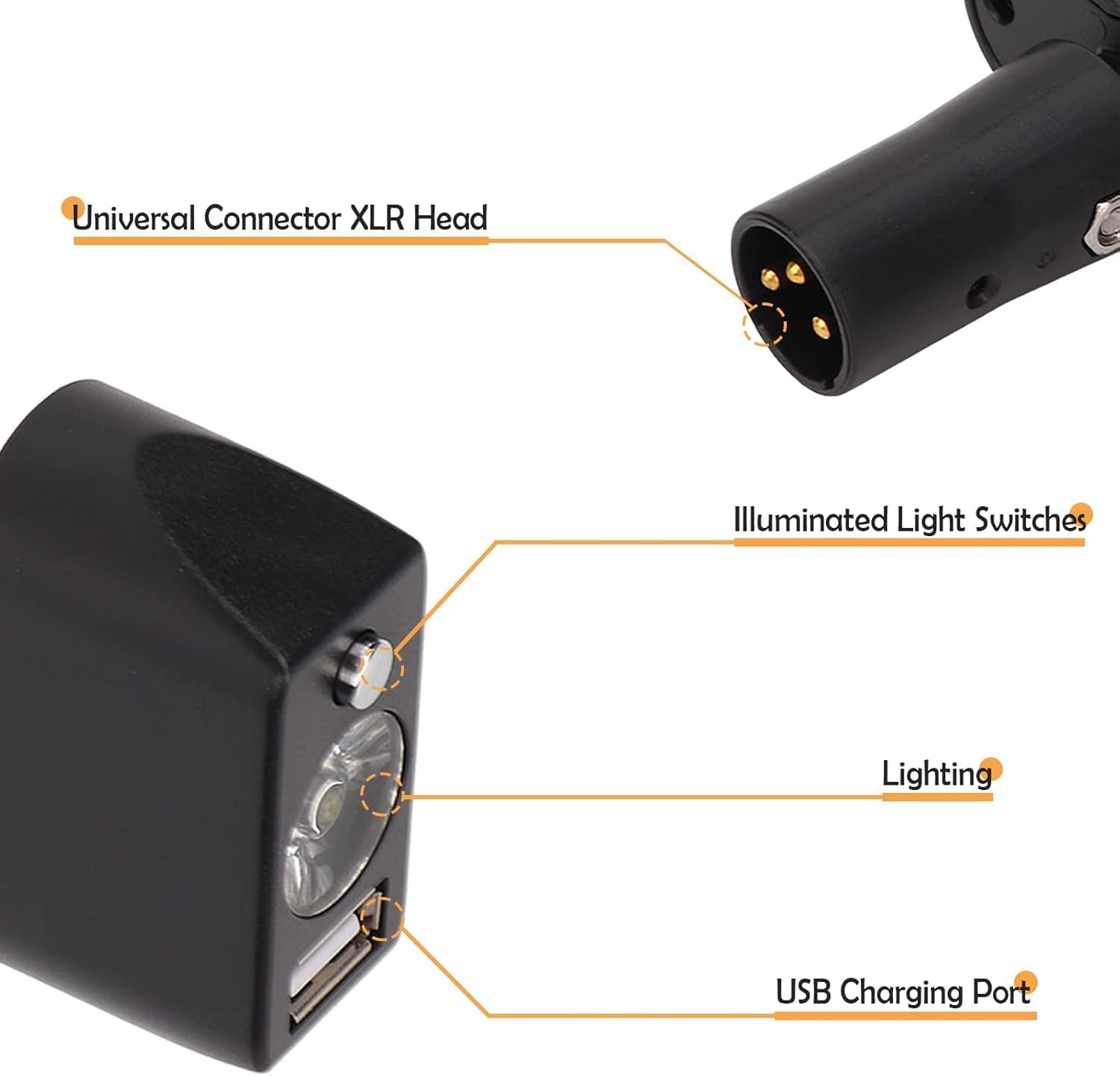 Elektryczne światła do wózek inwalidzkich, 3-pinowa głowica XLR do ładowania USB, elektryczna lampa na wózek inwalidzki, regulowany kąt akcesoria