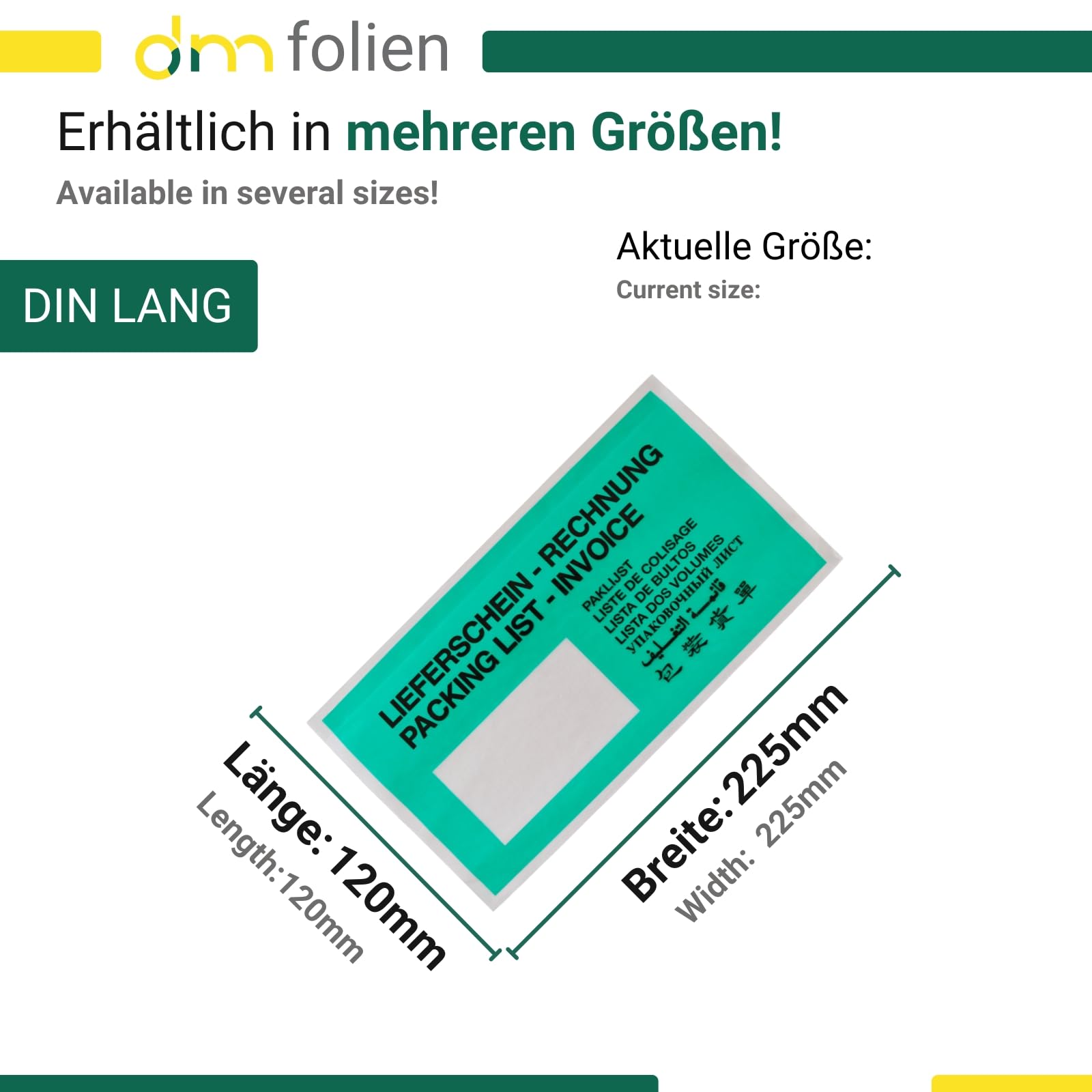 dm-folien Lieferscheintaschen DIN LANG I 1000 Stück I Selbstklebende Versandtaschen mit Aufdruck I Grünes Paketzubehör für Lieferscheine & Rechnungen I Versandzubehör aus Kraft-Papier