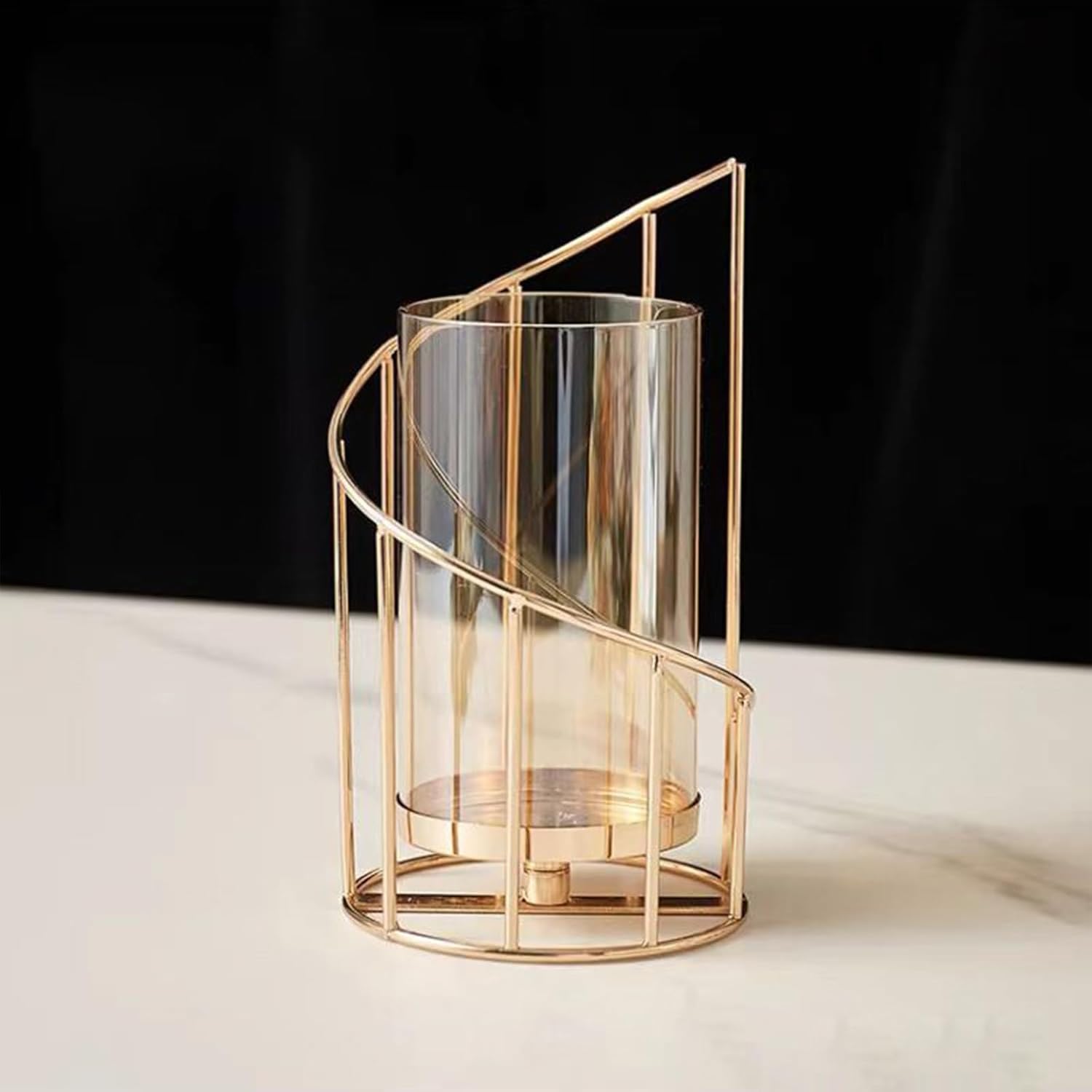 Gold Metal Hurricane Candle Holder - Wide Pillar Candle Holder with Glass Sleeve for Christmas New Year Wedding Anniversary Table Centerpiece