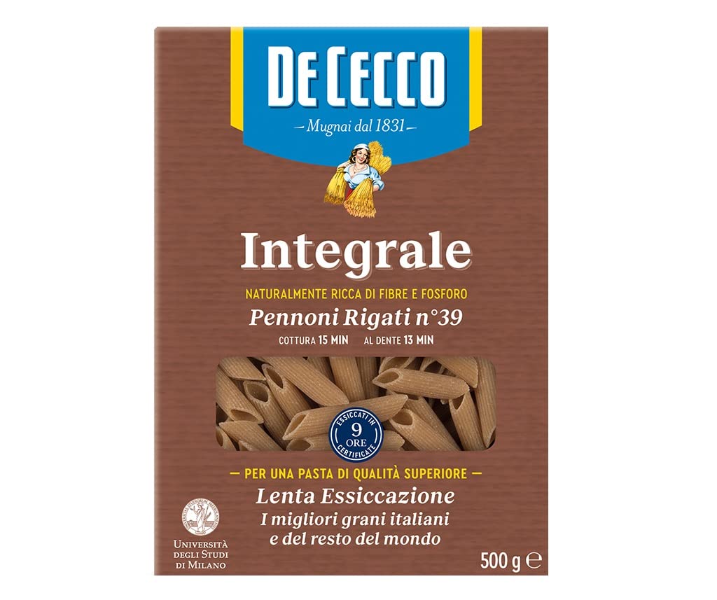 Paquete de 6 fideos integrales de grano entero de Cecco Pennoni Rigati n°39 Integrali, 500 g