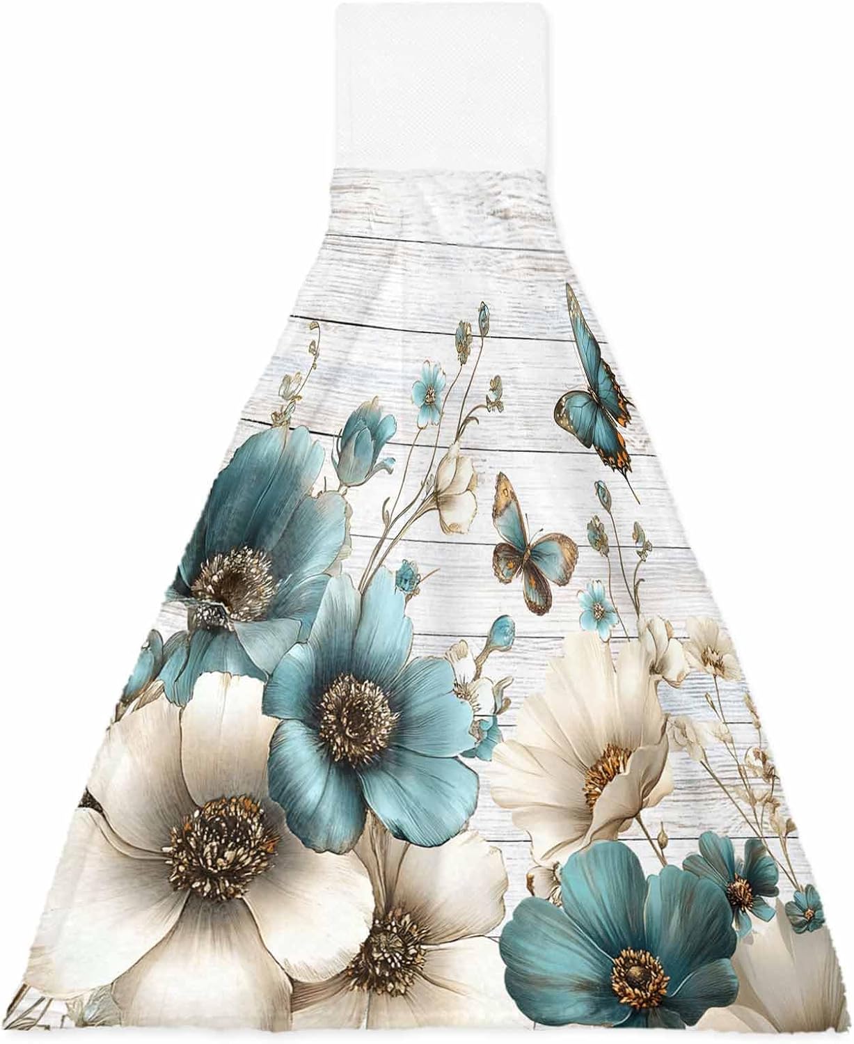Teal Tulip Butterfly Kitchen Hand Towels with Hanging Loops Set of 2 Beige Turquoise Floral Vintage Rustic Soft Thick Oven Fingertip Dry Microfiber Tie Dish Towel Absorbent Cleaning Washcloth