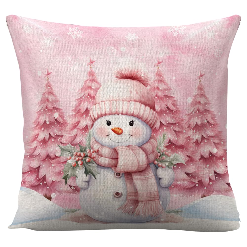 Pink Christmas Decorations Winter Snowman Pillow Cover for Sofa Bed Couch, Snow Baby Xmas Tree Pattern Throw Pillow Case for Living Room, Cotton Linen
