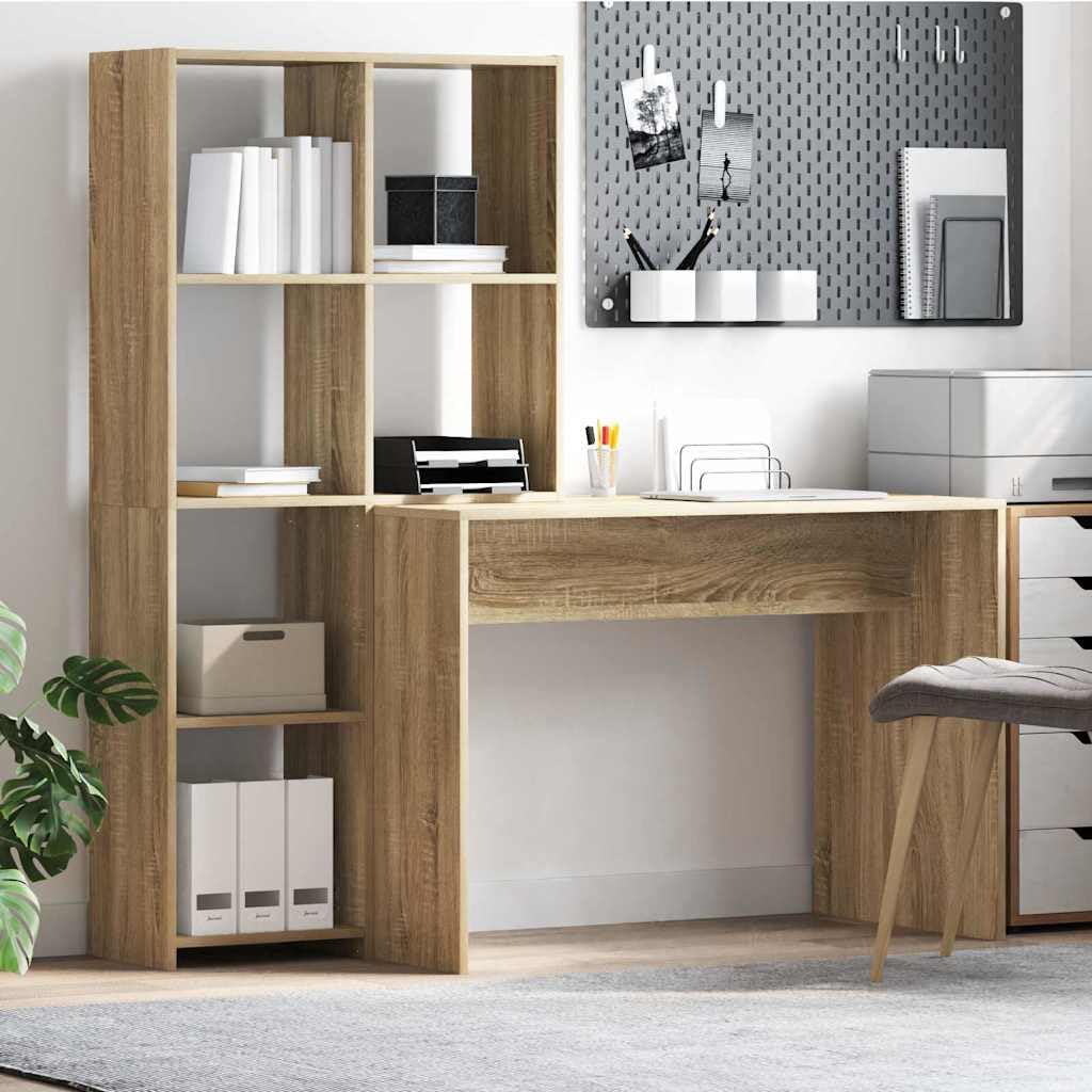 Scrivania in rovere Sonoma, 138,5 x 55 x 143 cm, 4 ripiani, spazio e ripiano, ergonomica per home office, ufficio, studio, gaming, PC e laptop