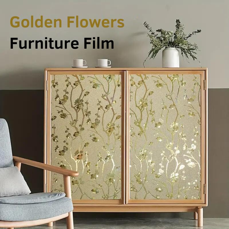 Image of Golden Flowers Self Adhesive Wallpaper Roll for Wall & Furniture | Waterproof PVC Peel & Stick Contact Paper for Wardrobe, Cabinet, Kitchen & Home Decor
