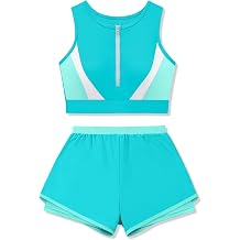 Girls Swimsuit Color Block Zipper Front 2 Piece Bathing Suit with Liner Bodyshort Sporty Girls Swimwear 9-16T