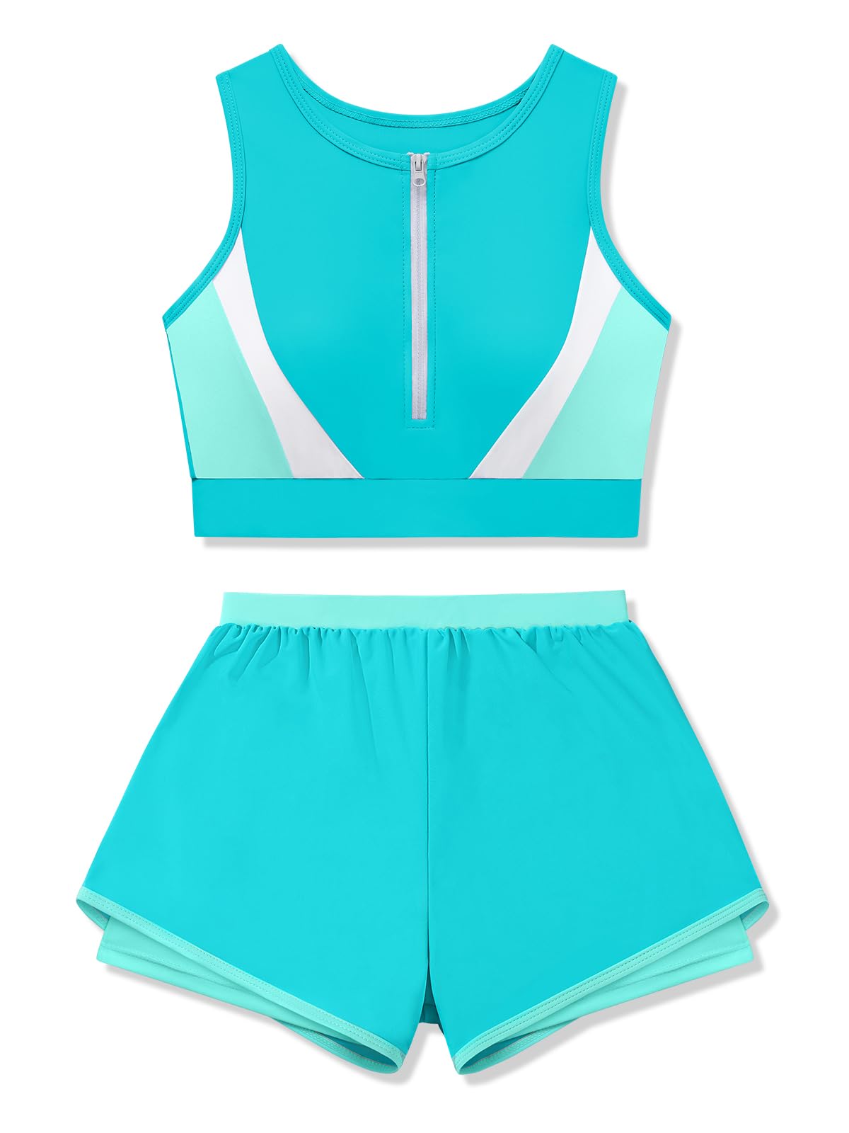 Traje de baño de 2 piezas con forro y cremallera frontal para niñas, con bloque de color, pantalones cortos, traje de baño deportivo para niñas 9-16T