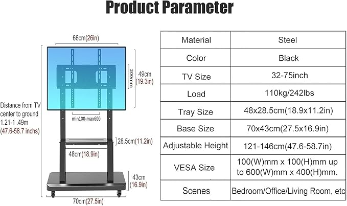 Soporte Universal Móvil para TV de Piso con Ruedas Negro miniatura 6