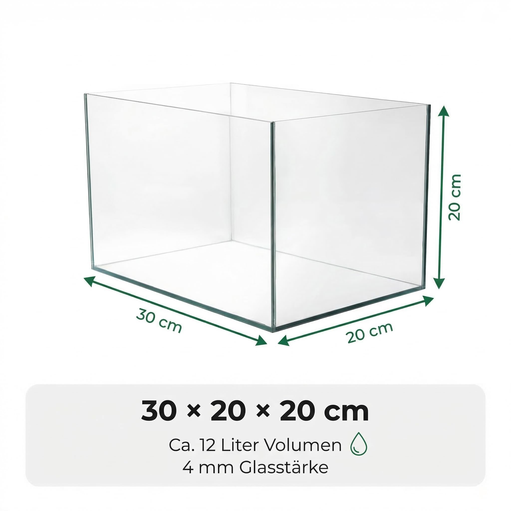 Pondlife Aquarium 30x20x20 cm, 12 Liter Glasbecken ohne Rahmen, 4 mm Floatglas, geschliffene Kanten, Süß- und Salzwasser geeignet, mit Unterlage