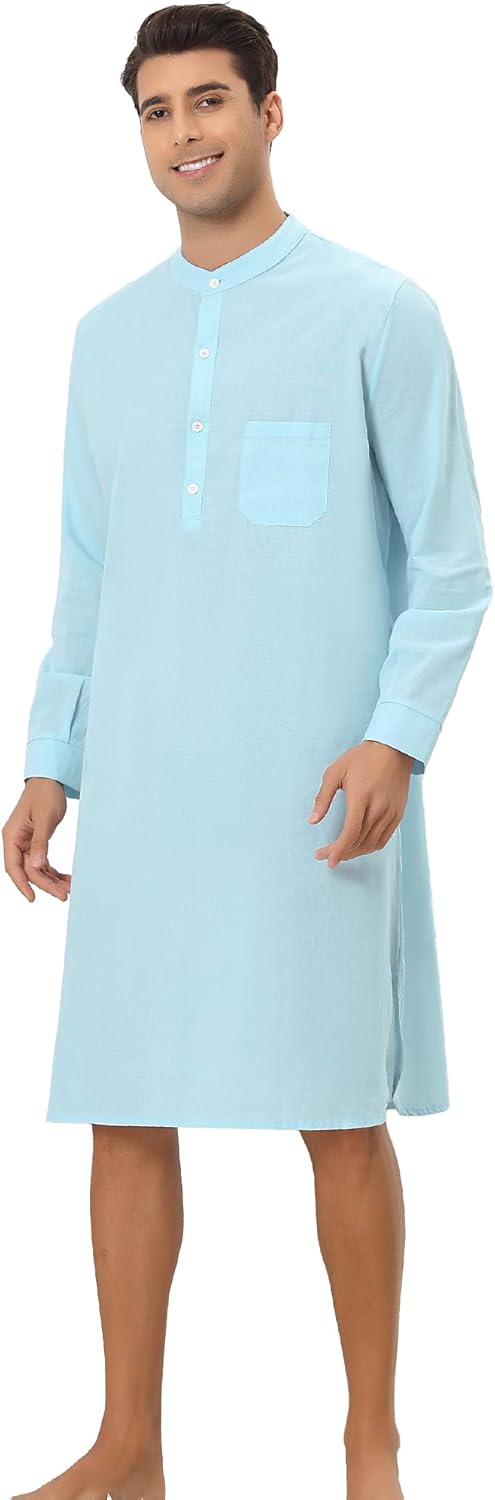 Lars Amadeus Men's Nightshirt Sleep Shirt Banded Collar Henley Shirt Pajamas Nightgown