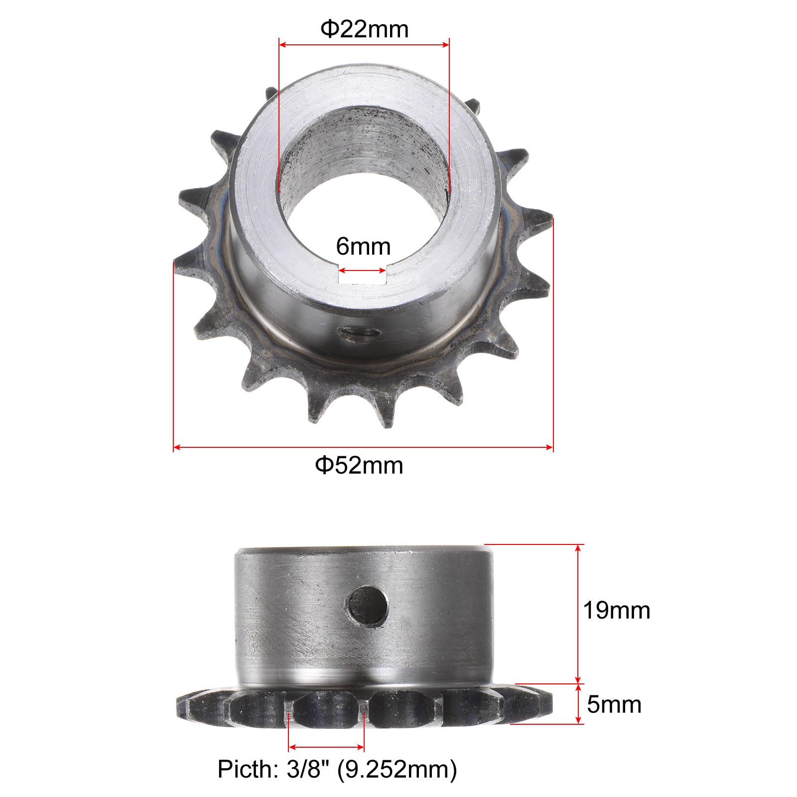 QUARKZMAN 2Pcs Pignon de Chaîne à Rouleaux ISO/DIN 06B-1 Type B, Alésage de 22mm, Pas de 3/8", en Acier A3, Simple Brin de Pignon à Rouleaux Trempé avec 16 Dents