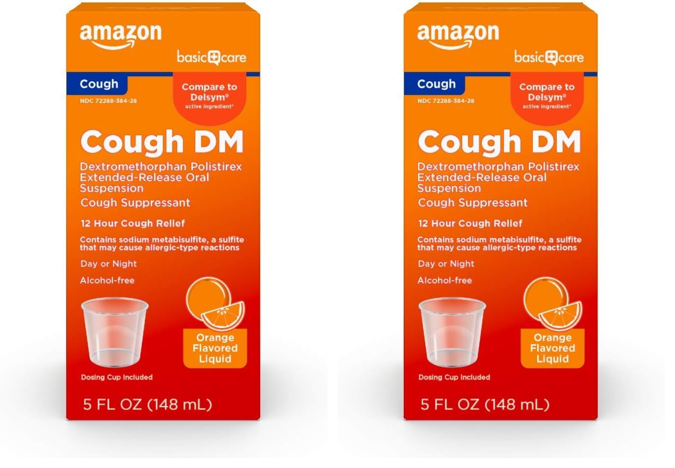 Amazon Basic Care 12 Hour Cough DM Syrup, Extended-Release Dextromethorphan, Orange Flavor Liquid Medicine, 5 fl oz (Pack of 2)