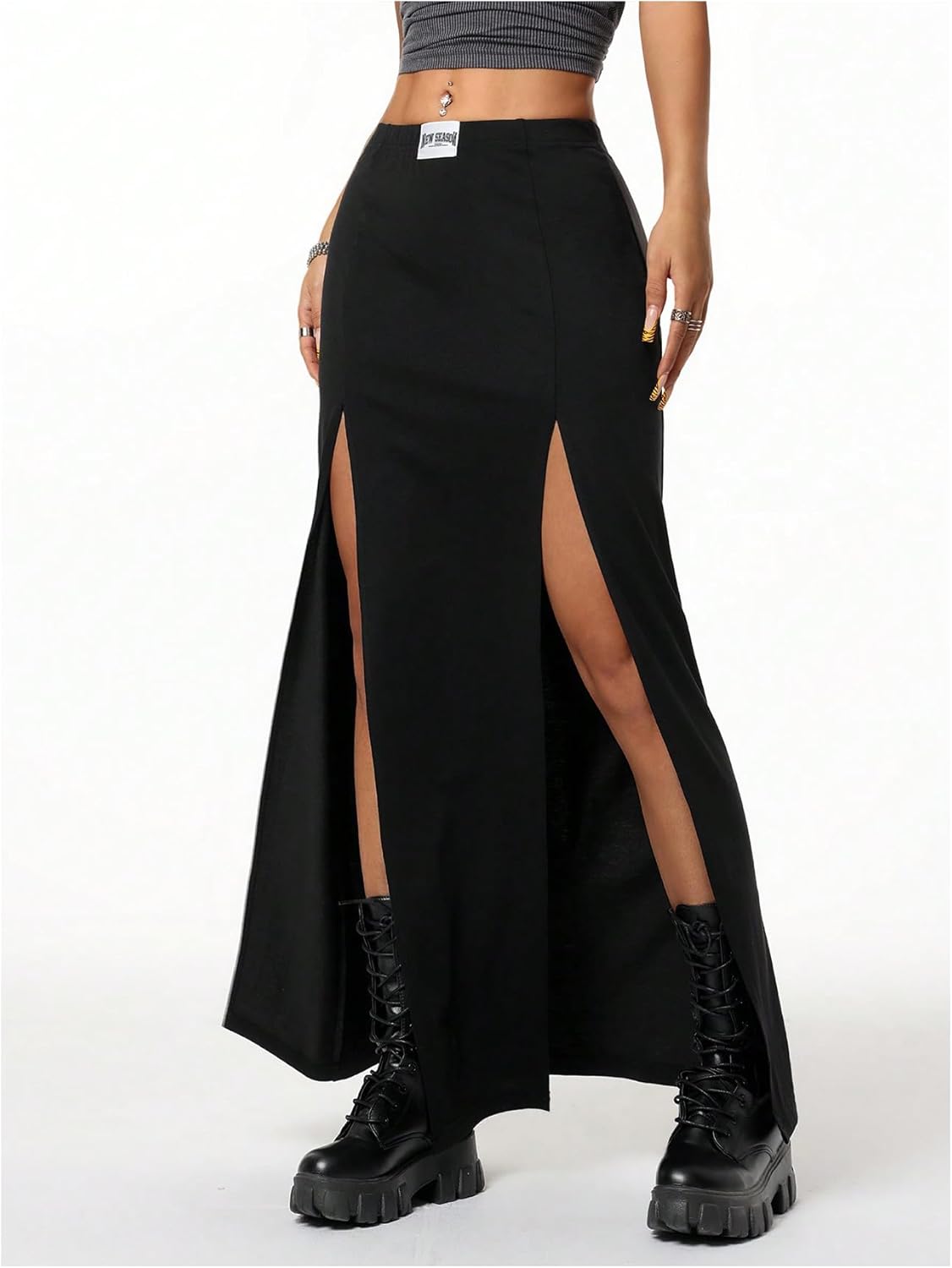 GORGLITTER Women's Double High Slit Elastic Waist Flowy Skirt Y2k Renaissance Goth Beach Party Maxi Skirts