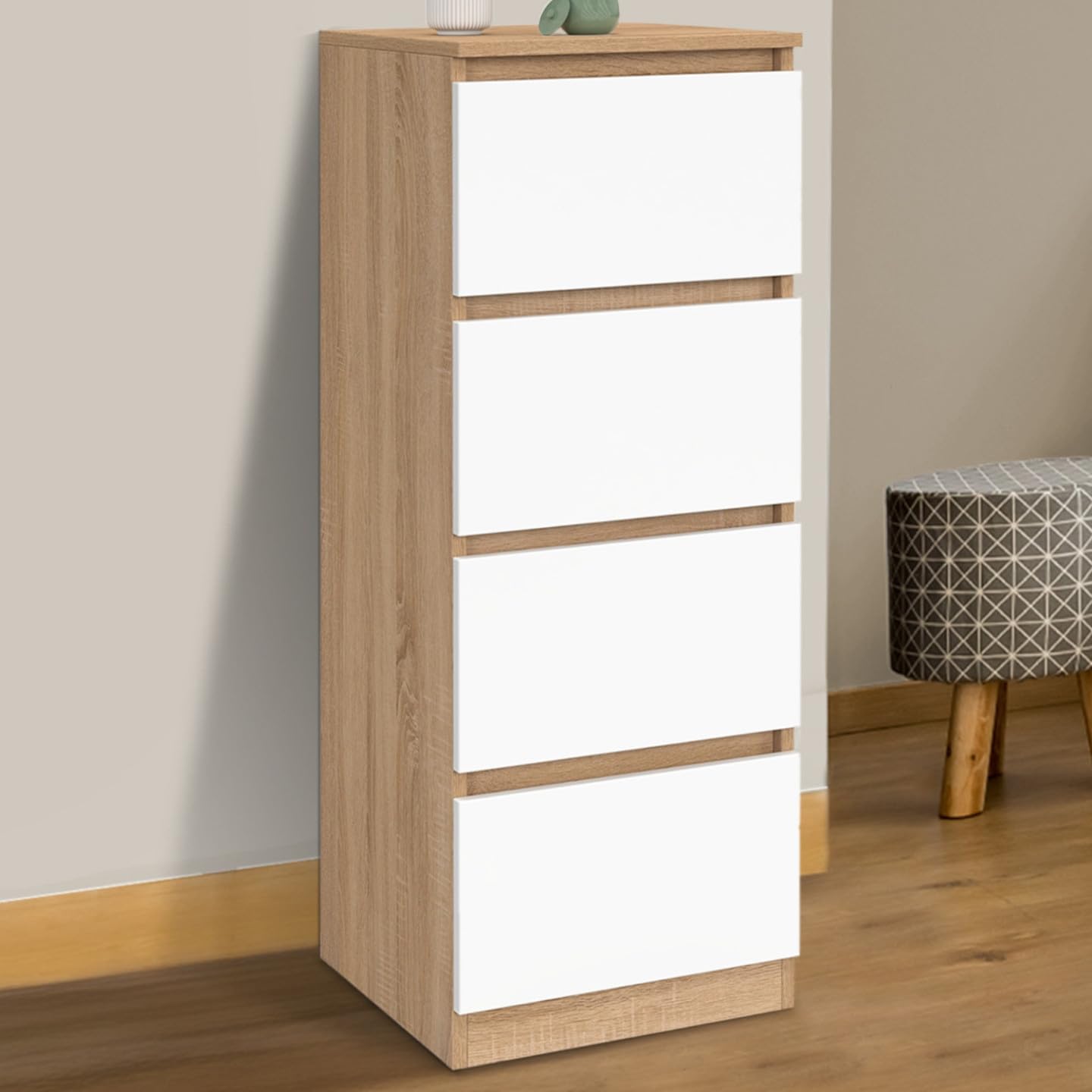 IDMarket - Meuble d'appoint 4 tiroirs TOMI 30x30x80 cm chiffonnier pour entrée Salle de Bain Bois façon hêtre et Blanc
