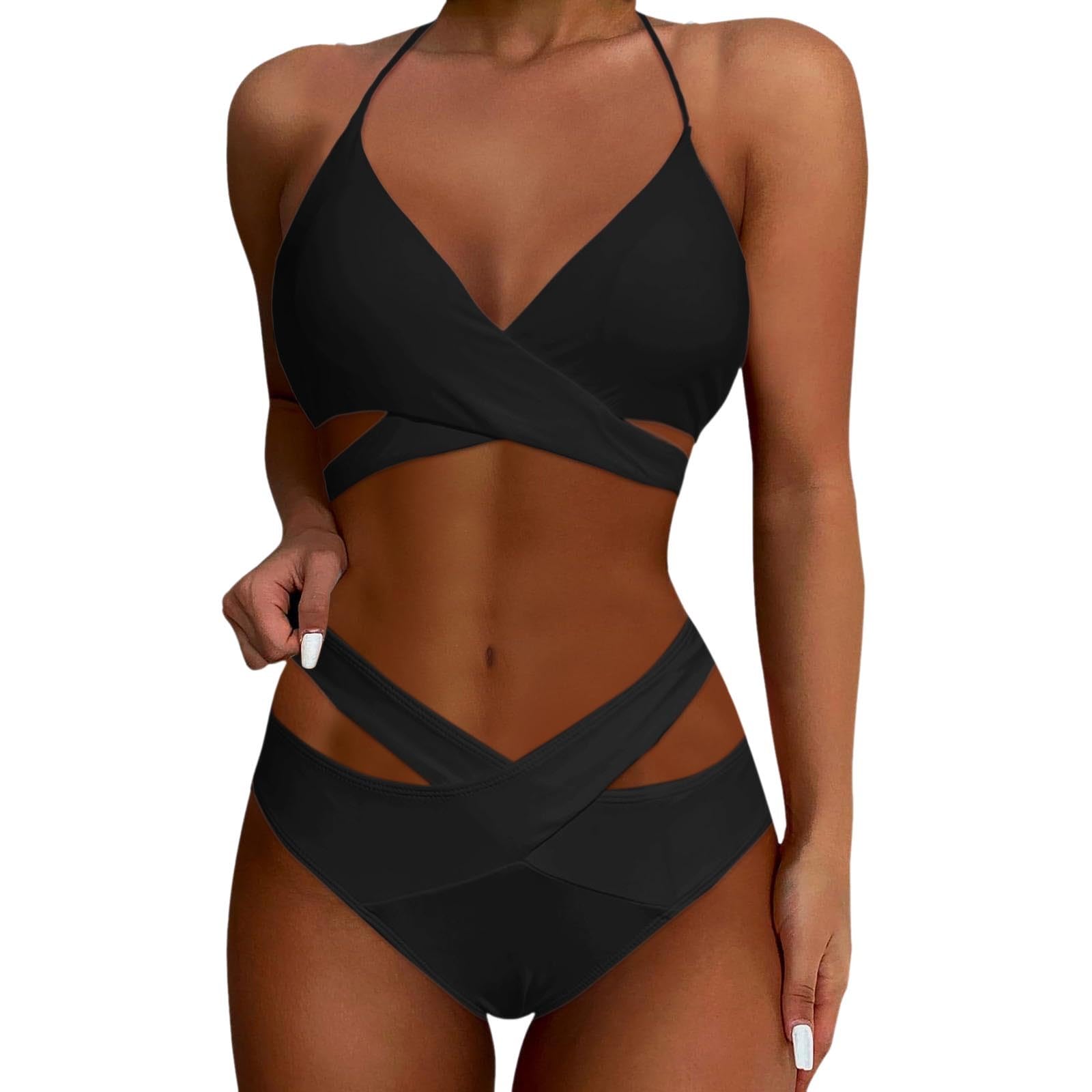 Conjuntos De Bikini Dos Piezas for Mujer, Talle Alto, Traje Baño Push Up, Cruzado, Negro, XXL