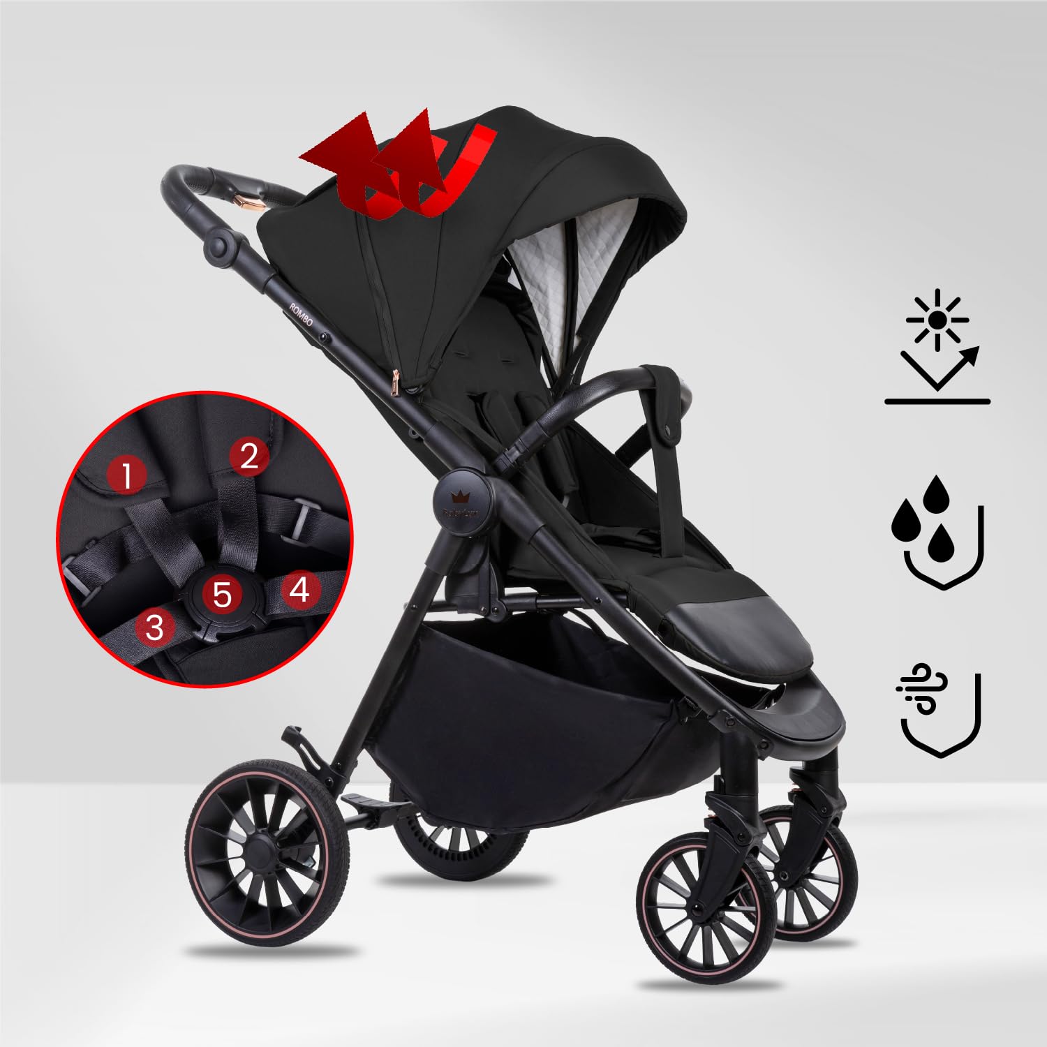 Babylux Passeggino Leggero da Viaggio ROMBO con Funzione Reclinabile, Onyx | Passeggino Pieghevole, Manubrio Telescopico, Ripiegabile In Modo Compatto, Borsa Per Pannolini E Viaggio E Altri Accessori