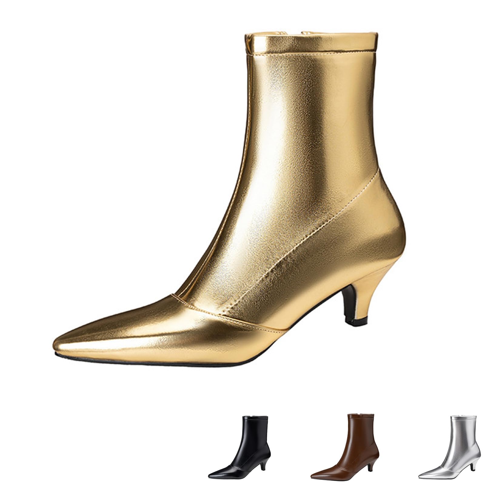 Womens Soft Leather Kitten Heel Dressy Short Boots Fashion Comfortable Sexy Pointed Toe Side Zipper Fall Winter Low