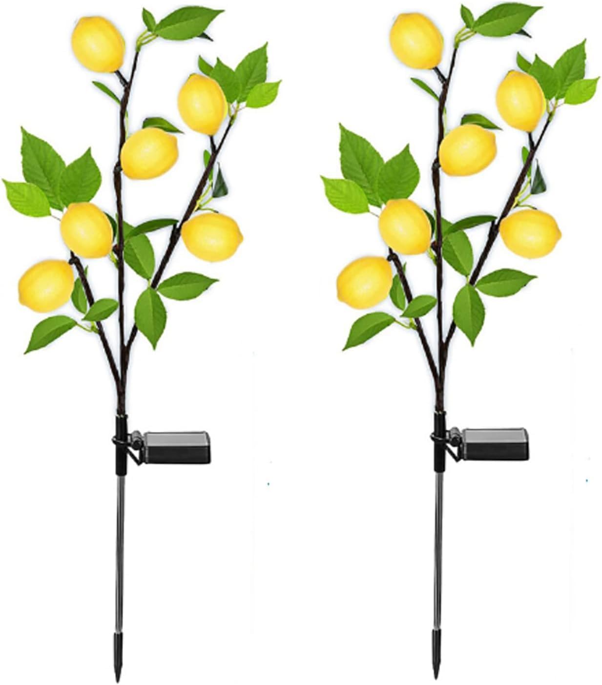 UsmooJoy 2pack Solar Garden Lights Waterproof Solar Flower Tree Light with Realistic Lemon,Outdoor Tree Stake Landscape Lamp for Yard Garden Lawn Pathway Decoration Lighting (Lemon)