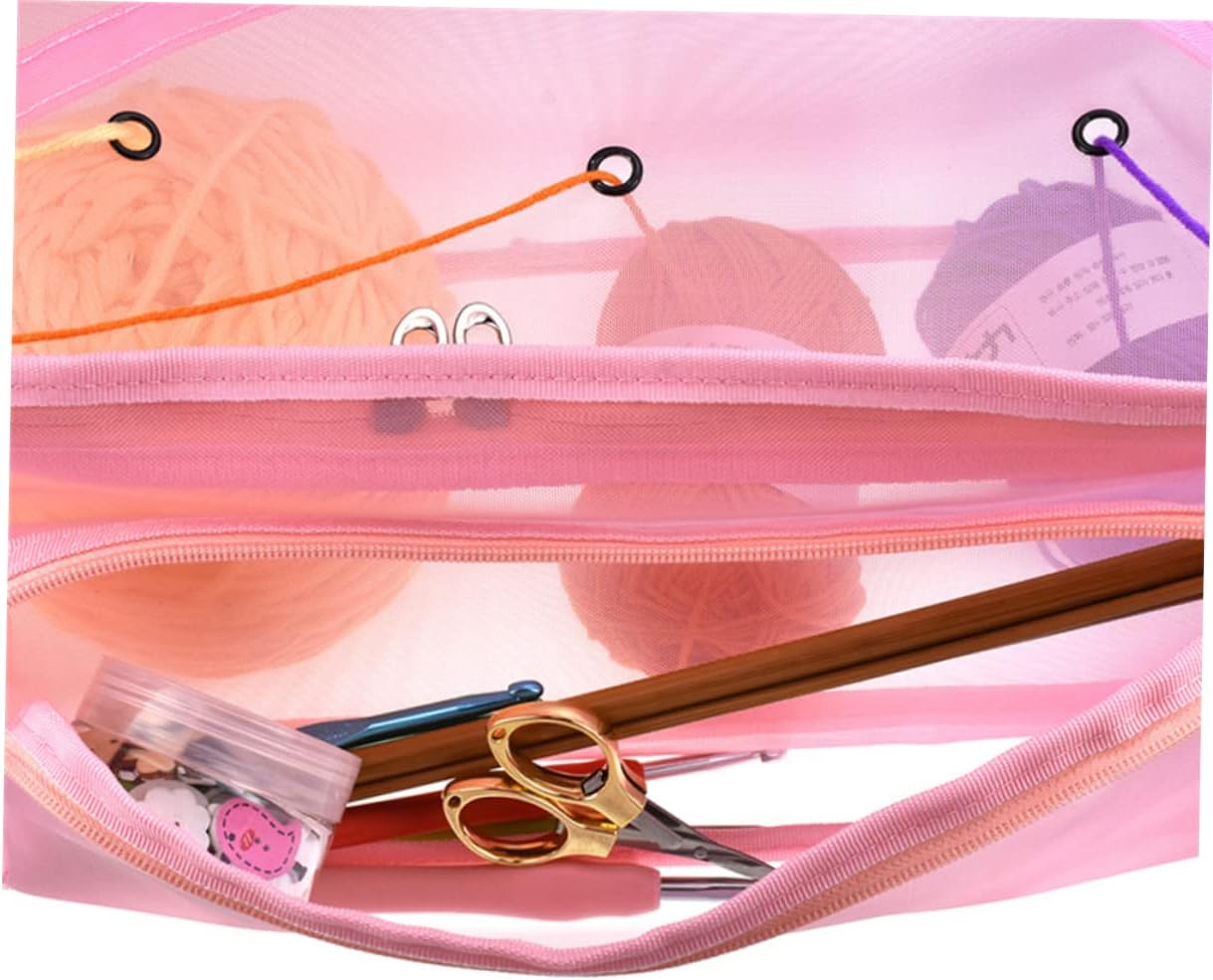 jojofuny Pink Mesh Knitting Bag Large Capacity Organizer Tote for Crochet Hooks Sewing Accessories Knitting Needles for Crafting Travel Storage
