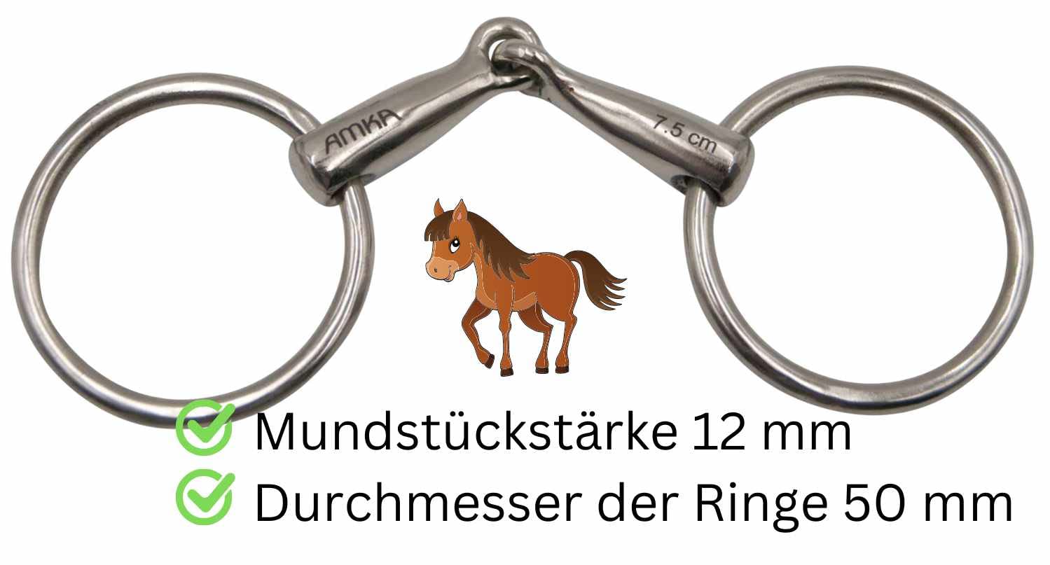 AMKA Ponytrense Wassertrense Pony Gebiss Stärke 12 mm Ringe 50 mm 7,5 8,5 9,5 10,9