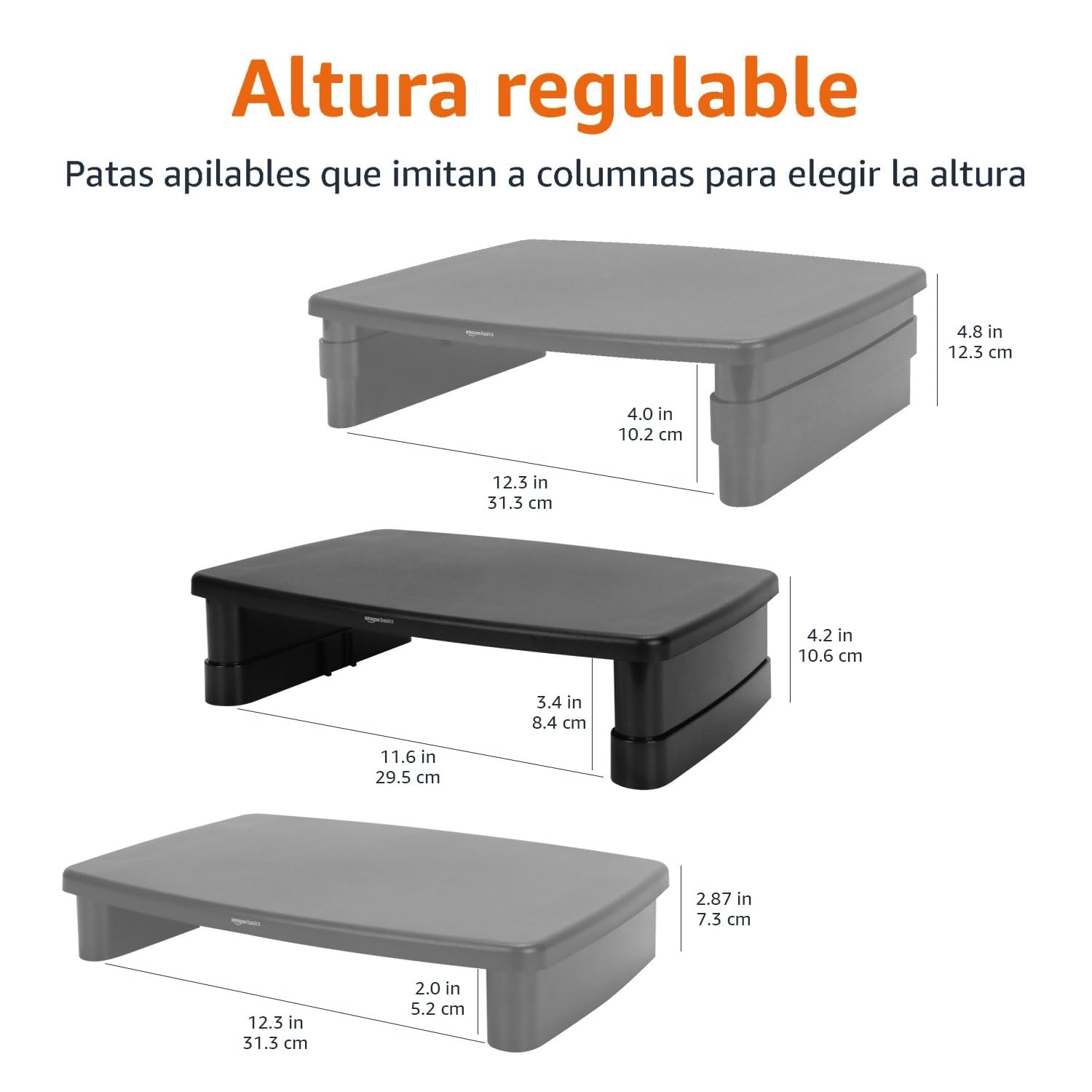 Amazon Basics Elevador de Soporte para Monitor con Altura Ajustable y Organizador de Almacenamiento, Diseño Apilable de 3 Niveles, Plástico ABS Duradero, hasta 10kg, para Monitores y Laptops, Negro