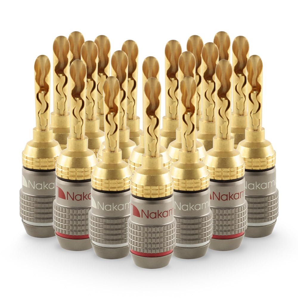 Nakamichi FanLock 24K Enchufe de BFA banana chapado en oro 10 AWG - 18 AWG calibre 4 mm para Altavoces Amplificador Receptor AV Estéreo Teatro en Casa Cable de Audio Conector, 20 piezas (10 pares)