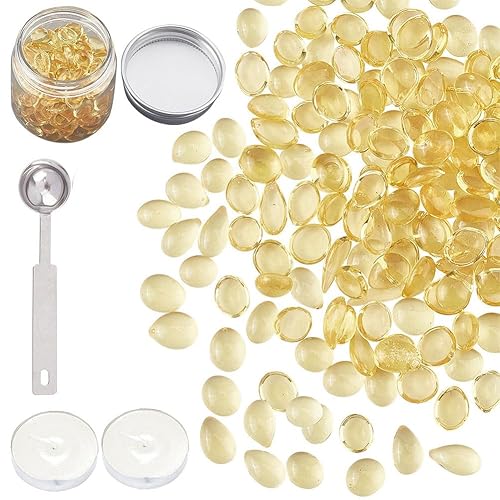 CRASPIRE Kit de sello amarillo de cuentas de cera transparente con 2 velas, 1 cuchara de fusión para sellos, invitaciones de boda, sobres de cartas,