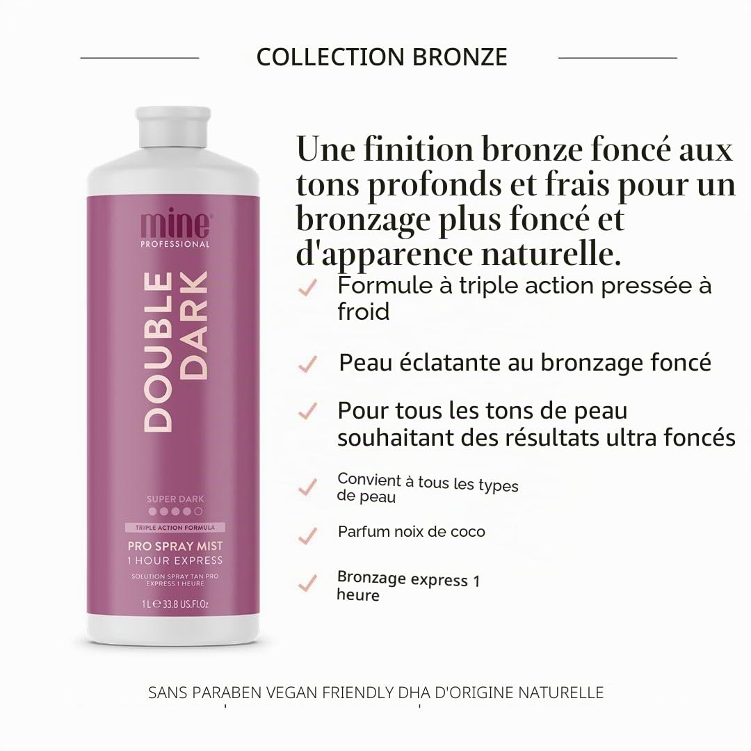 MineTan Solution Spray Tan Professionnelle | Double Dark - 1 heure Instant Express, Autobronzant Visage et Corps, Formule Hydratante Triple Action, Parfum Noix de Coco, 1L