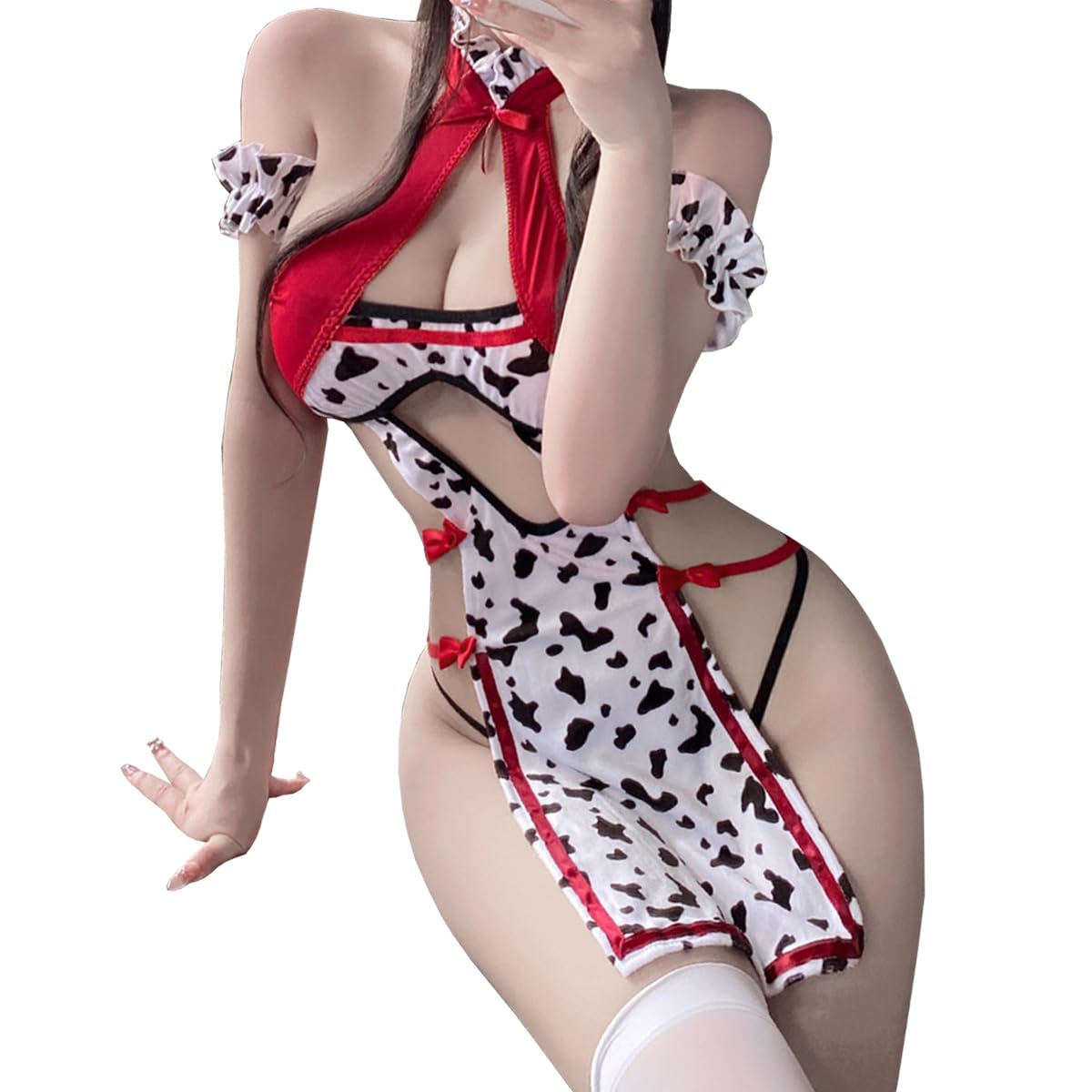 SNOMYRSCow Bikini Cosplay Lingerie Maid Outfit Kawaii Cow Print Cheongsam With Stocking