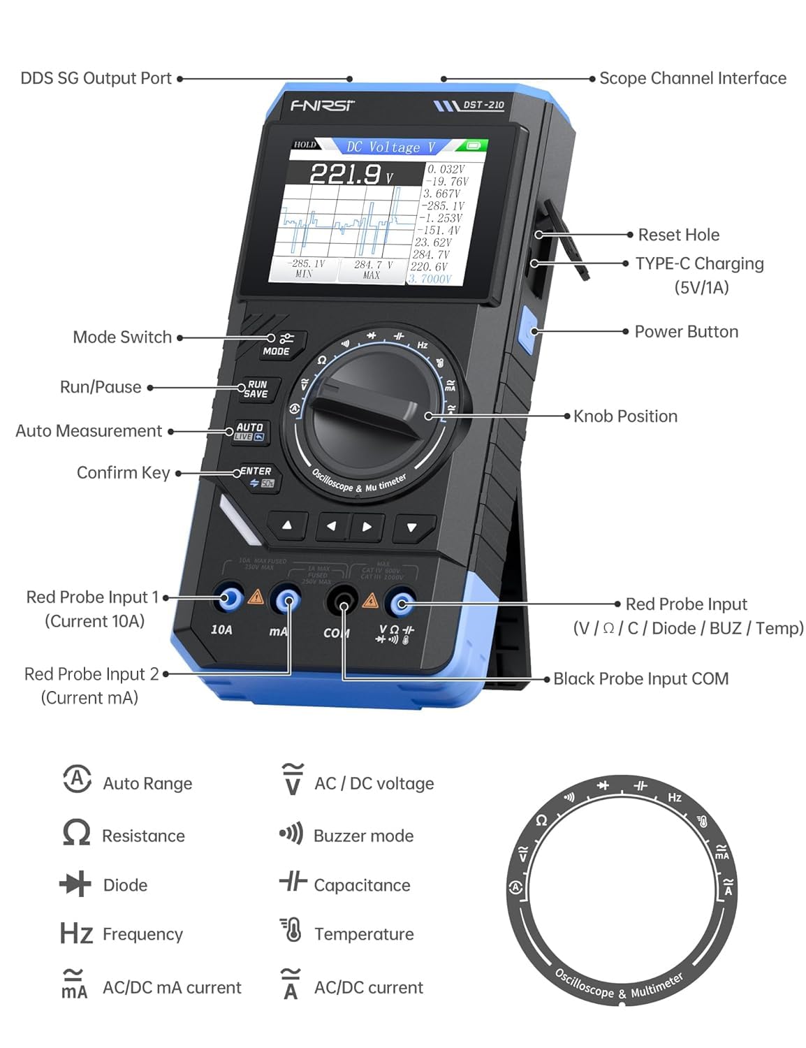 FNIRSI DST-210 Oscilloscope Portable, Bande Passante 10MHz, 19999 Points, Oscilloscope Numérique, Multimètre, Générateur DDS 3 en 1, Fréquence D'échantillonnage 48Méch./s, Test de Tension CA/CC