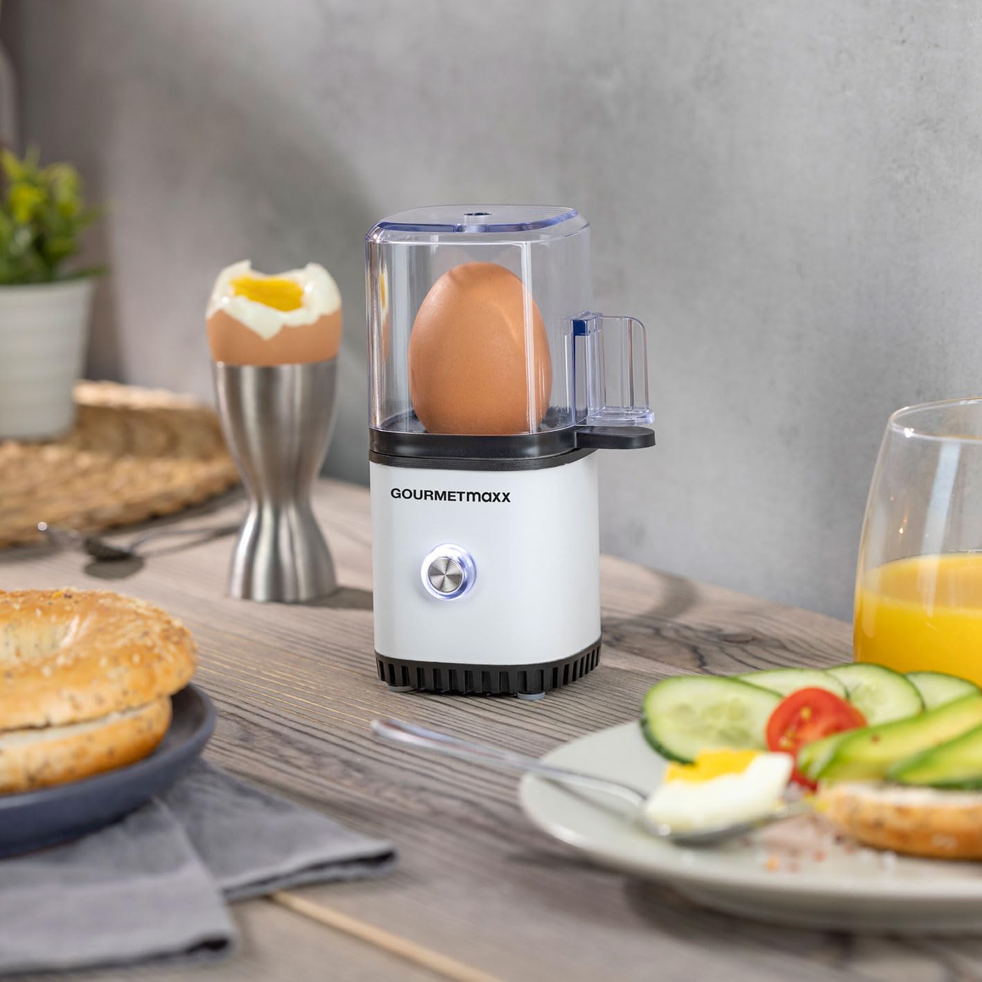 GOURMETmaxx Jajowar na 1 jajko | bojler do jajek z wykrawaczem do jajek w miarce | Egg Cooker – 3 stopnie twardości do Twojego kieliszka do jajka | designerski jajowar mały – części nadające się do