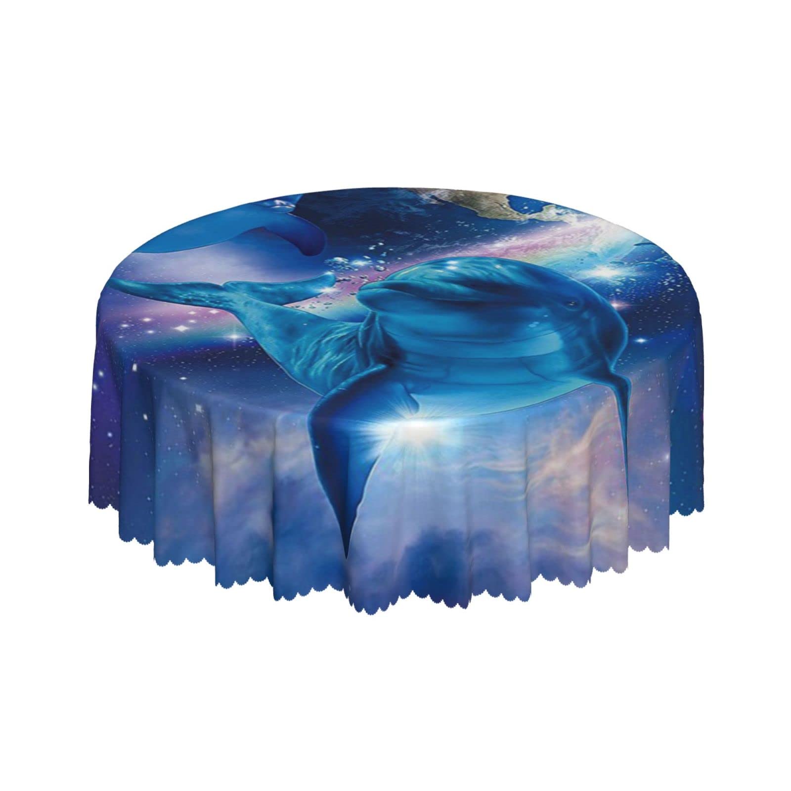 Lsjuee Dolphin Abstract Galaxy Round Tablecloth 60 Inch Printed Washable Tablecloth for Dining Party Holiday Fall Home Decorative