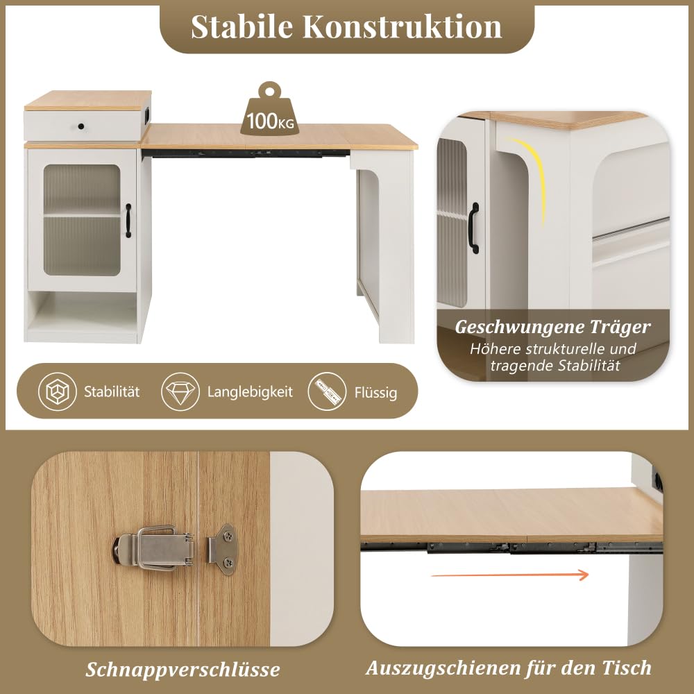 mobile Isola da cucina 71(151) x80x92 cm,tavolo da pranzo estensibile con piano rimovibile,tavolo da bar con presa multipla, isola cucina su ruote per sala da pranzo(A-Bianco+Naturale)