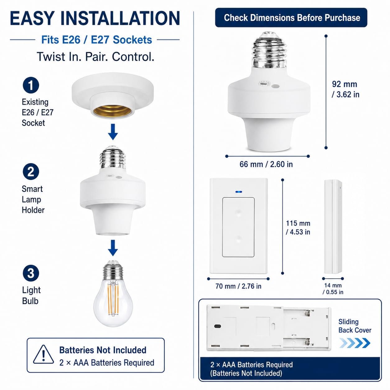 QIACHIP RF 433Mhz Wireless Remote Control Light Lamp Socket E26 E27 Bulb Base Holder, Light Switch Kit with Wall-Mounted Controller for Pull Chain Light Lamp Fixtures image 2