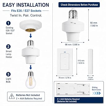 QIACHIP RF 433Mhz Wireless Remote Control Light Lamp Socket E26 E27 Bulb Base Holder, Light Switch Kit with Wall-Mounted Controller for Pull Chain Light Lamp Fixtures