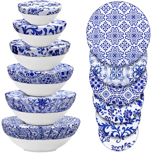 CHENGU 12 Pcs Reusable Bowl Covers Bulk 5 Size Elastic Cloth Fabric Bowl cover for Bread Proof Rising Sourdough Dish Food Stretchy Storage(Blue Ceramic Style,Blue)