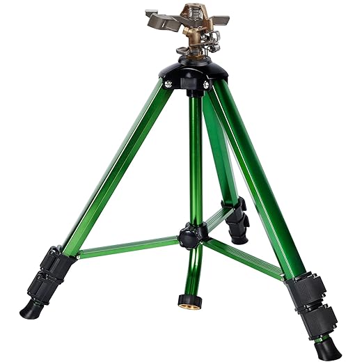 Biswing Impact Sprinkler Head on Tripod Base, Heavy Duty Lawn Sprinkler, 360 Degree Large Area Irrigation, Brass Sprinkler Nozzle & Solid Alloy Metal Extension Legs Flip Locks, 1 Pack