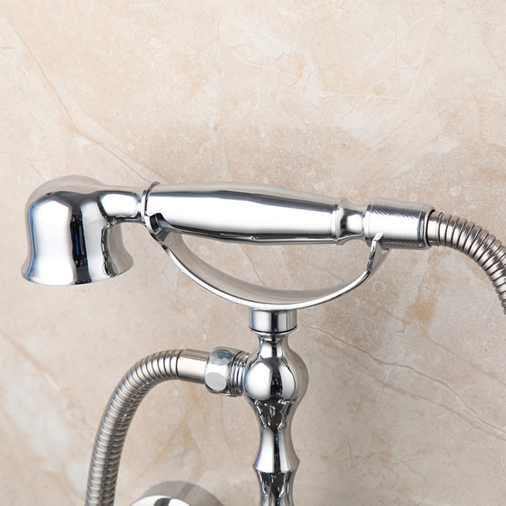 Grifo De Bañera Latón Dos Mandos Grifo De Ducha Con Ducha De Mano Retro Antique Estilo Montaje En Pared Mezclador De Baño Y Ducha, 150 Cm Manguera, Cromado